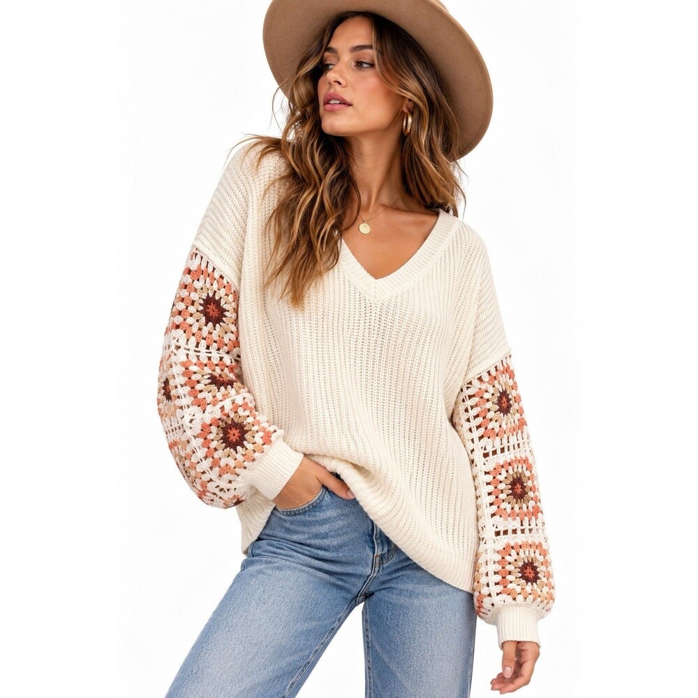 Cupshe Cream V-Neck Crochet Granny Square Sleeve Sweater Size L